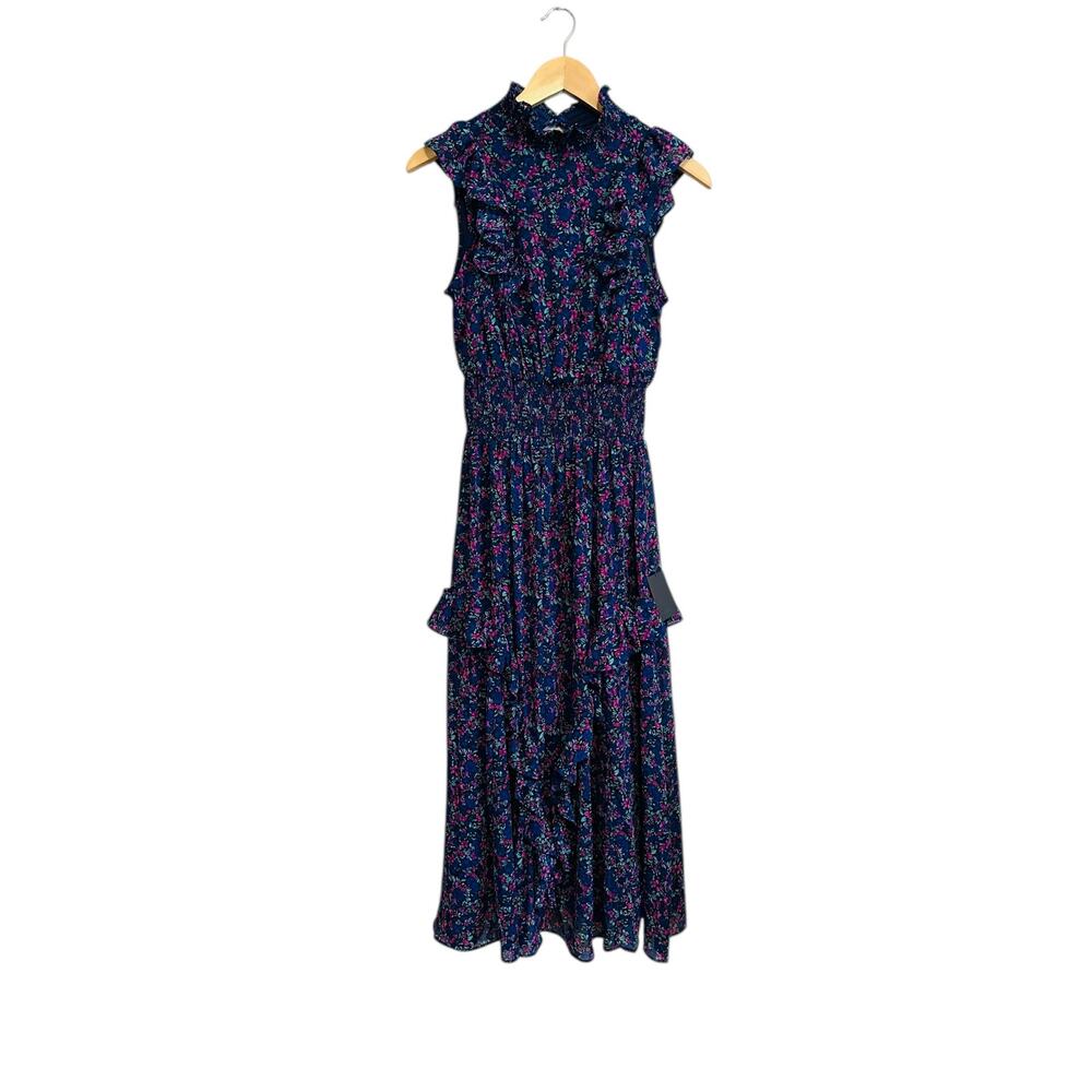 Lulus Evalina Navy Blue Floral Print Mock Neck Sleeveless Ruffle Midi Dress XS - Picture 6 of 16